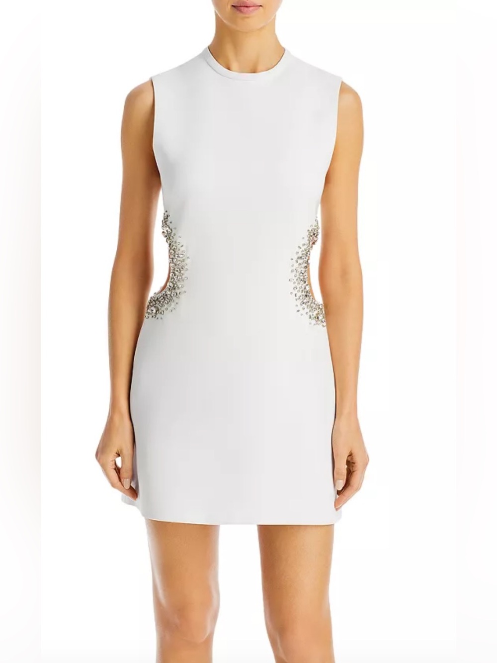GIANNI BINI Off-White Rhinestone Embellished Side Cut-Out Mini Cocktail Dress